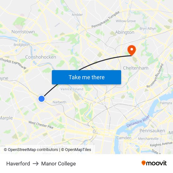 Haverford to Manor College map