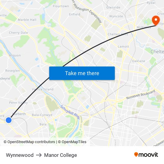 Wynnewood to Manor College map