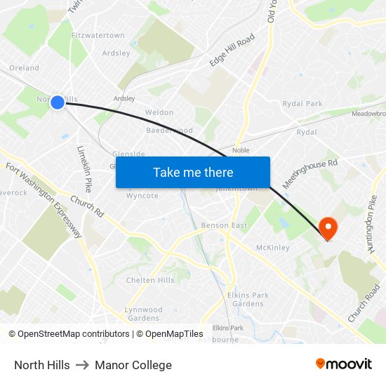 North Hills to Manor College map