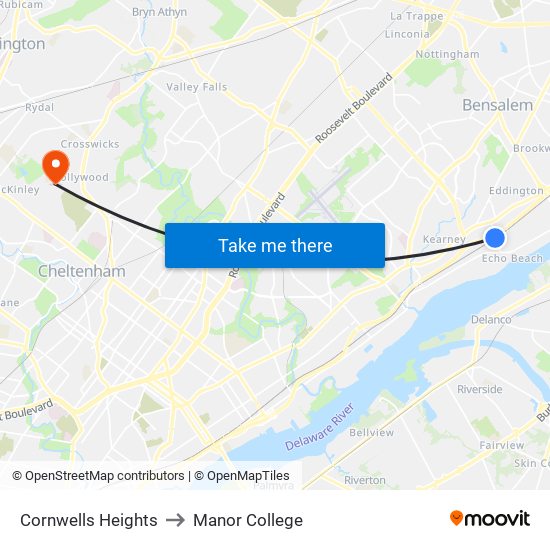 Cornwells Heights to Manor College map