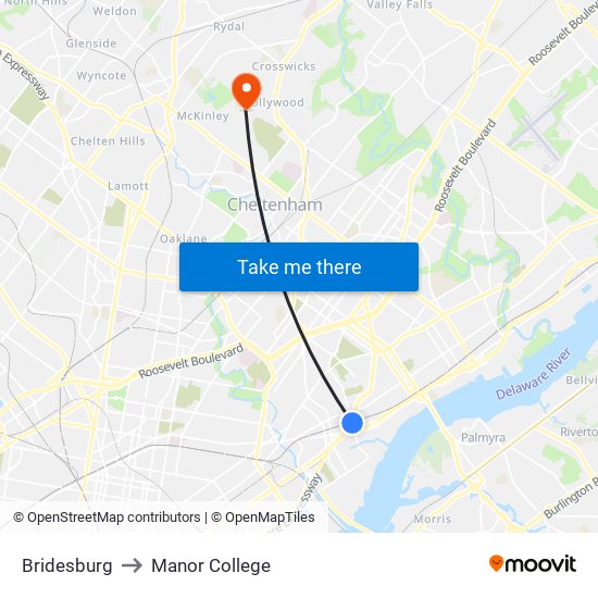 Bridesburg to Manor College map