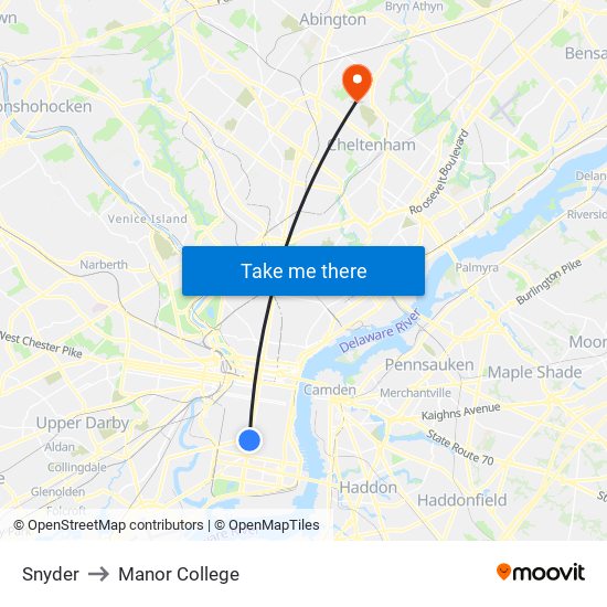 Snyder to Manor College map