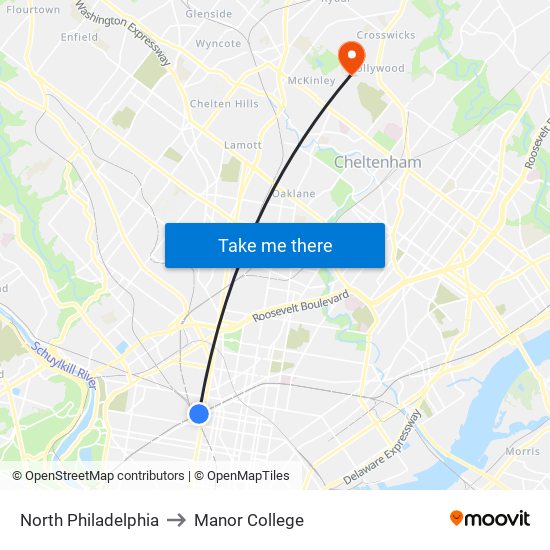 North Philadelphia to Manor College map