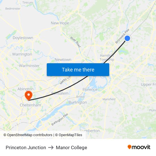 Princeton Junction to Manor College map