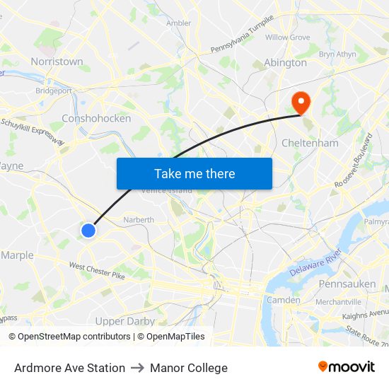 Ardmore Ave Station to Manor College map