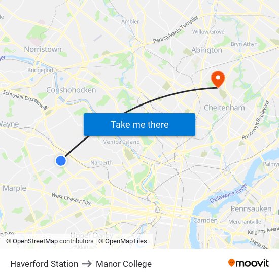 Haverford Station to Manor College map