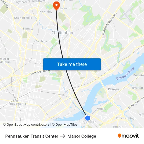 Pennsauken Transit Center to Manor College map