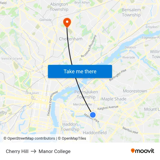 Cherry Hill to Manor College map
