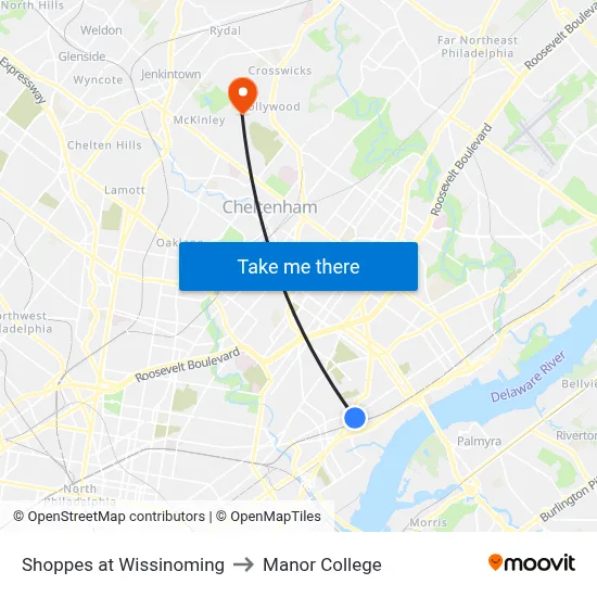 Shoppes at Wissinoming to Manor College map