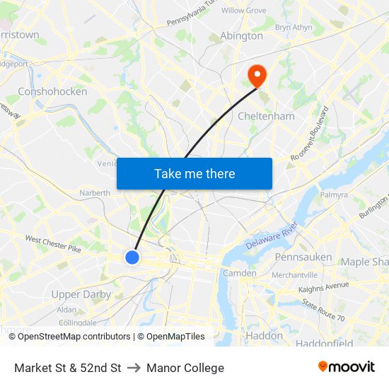 Market St & 52nd St to Manor College map