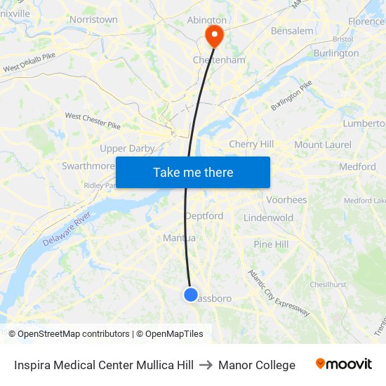 Inspira Medical Center Mullica Hill to Manor College map