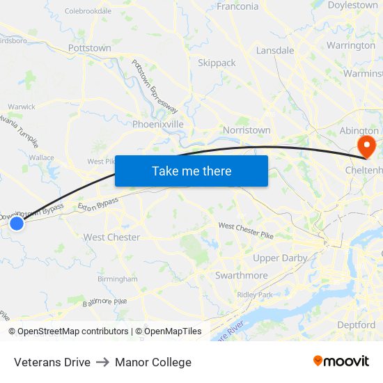 Veterans Drive to Manor College map