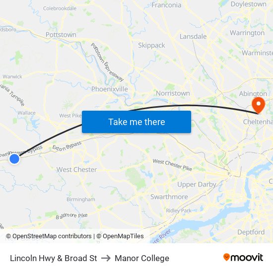 Lincoln Hwy & Broad St to Manor College map