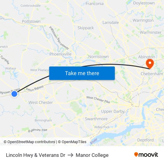Lincoln Hwy & Veterans Dr to Manor College map