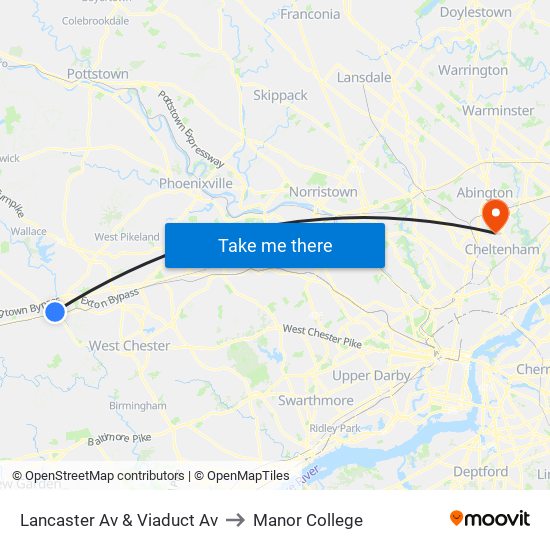 Lancaster Av & Viaduct Av to Manor College map