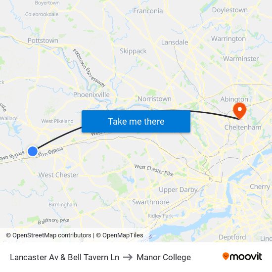 Lancaster Av & Bell Tavern Ln to Manor College map