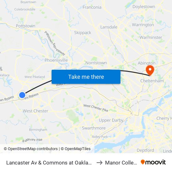 Lancaster Av & Commons at Oaklands to Manor College map