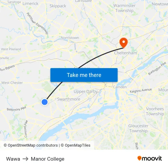 Wawa to Manor College map