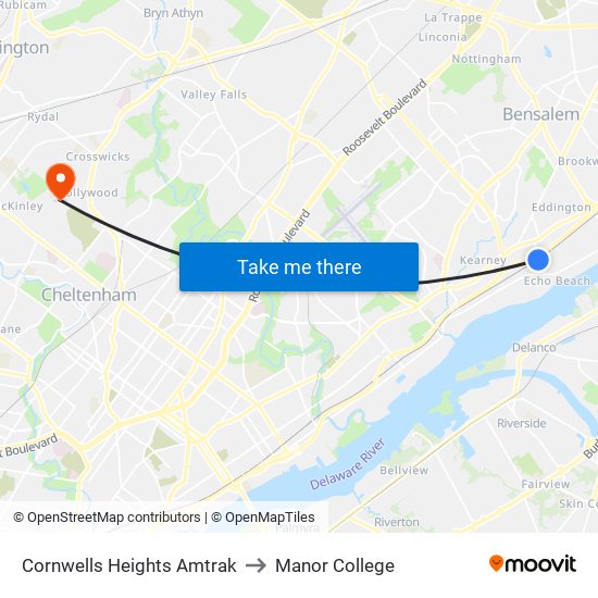 Cornwells Heights Amtrak to Manor College map