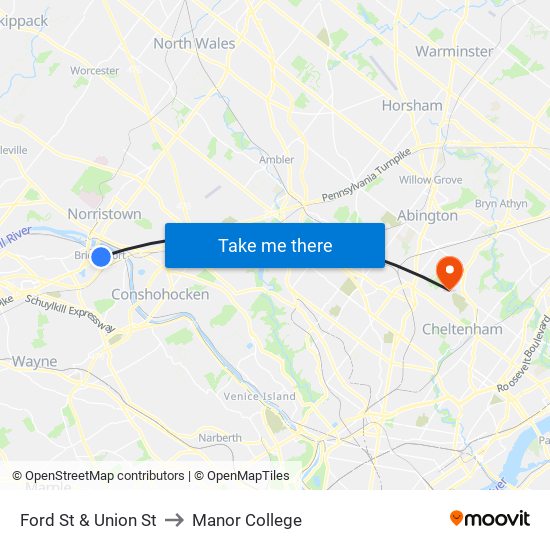 Ford St & Union St to Manor College map