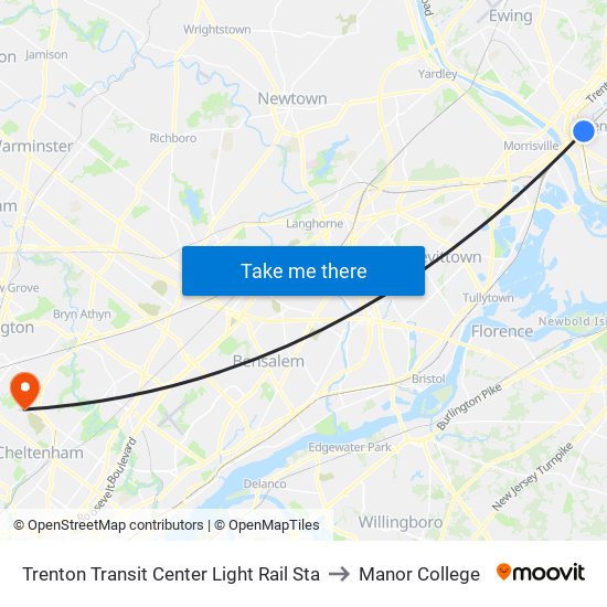 Trenton Transit Center Light Rail Sta to Manor College map