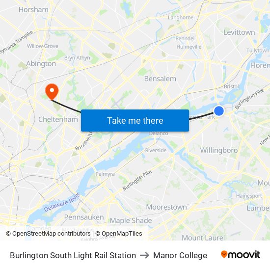 Burlington South Light Rail Station to Manor College map