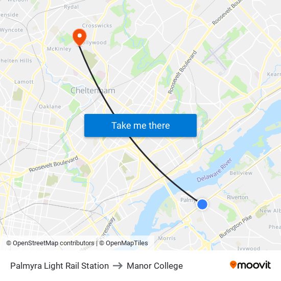 Palmyra Light Rail Station to Manor College map