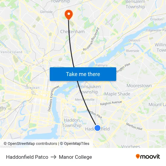 Haddonfield Patco to Manor College map