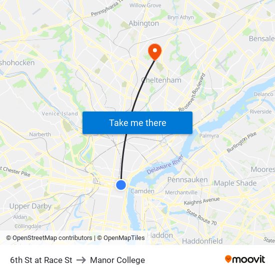 6th St at Race St to Manor College map