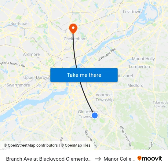 Branch Ave at Blackwood-Clementon Rd to Manor College map