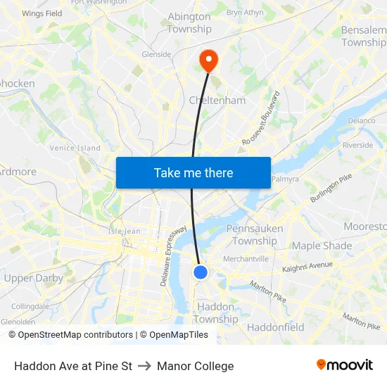 Haddon Ave at Pine St to Manor College map