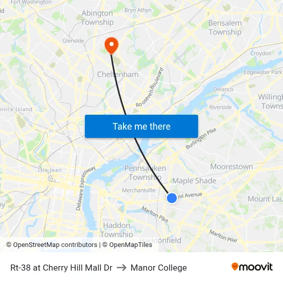 Rt-38 at Cherry Hill Mall Dr to Manor College map