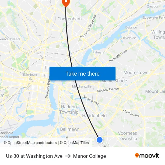 Us-30 at Washington Ave to Manor College map