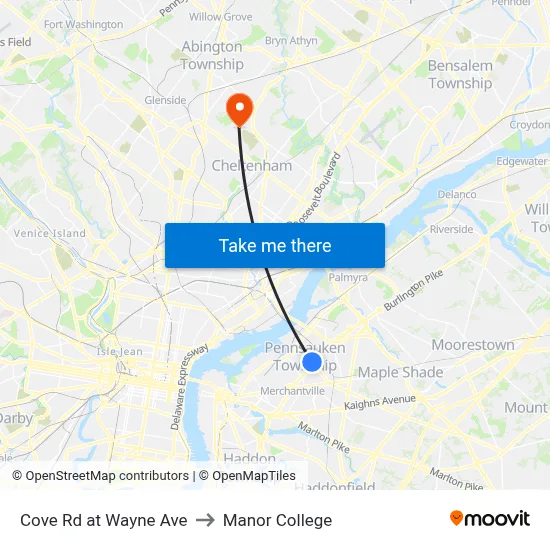 Cove Rd at Wayne Ave to Manor College map