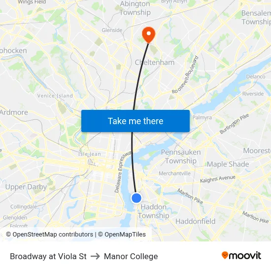 Broadway at Viola St to Manor College map