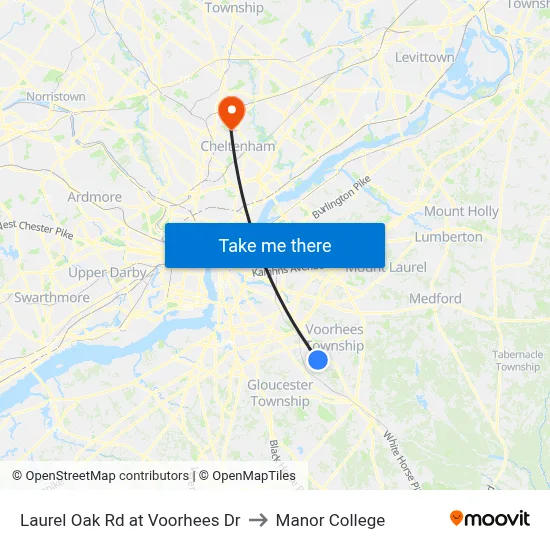 Laurel Oak Rd at Voorhees Dr to Manor College map
