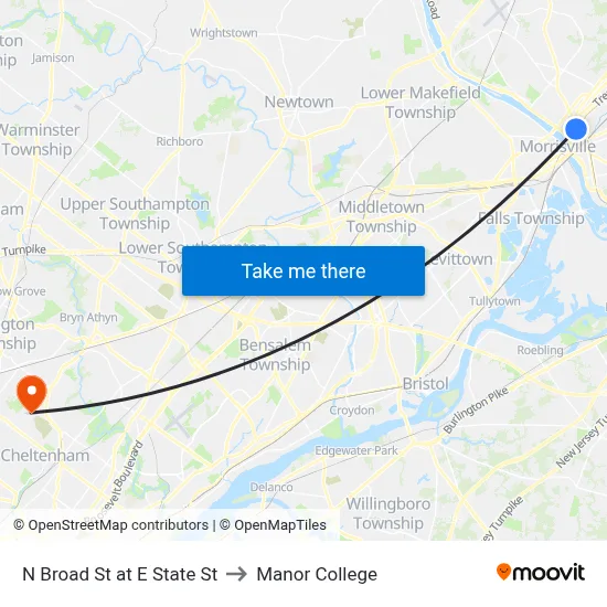 N Broad St at E State St to Manor College map