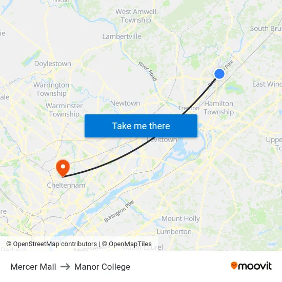 Mercer Mall to Manor College map