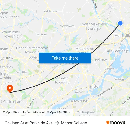Oakland St at Parkside Ave to Manor College map