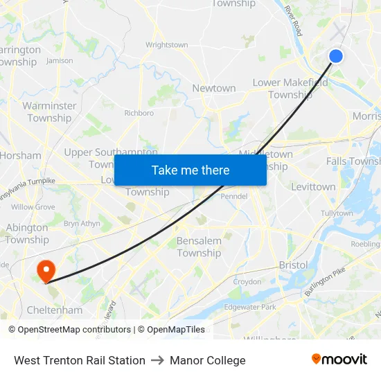 West Trenton Rail Station to Manor College map
