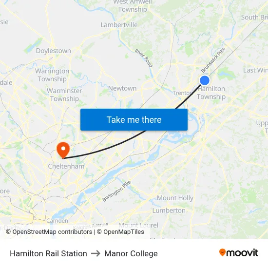 Hamilton Rail Station to Manor College map