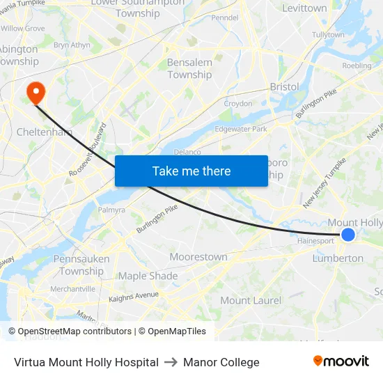 Virtua Mount Holly Hospital to Manor College map