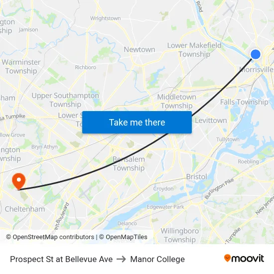Prospect St at Bellevue Ave to Manor College map