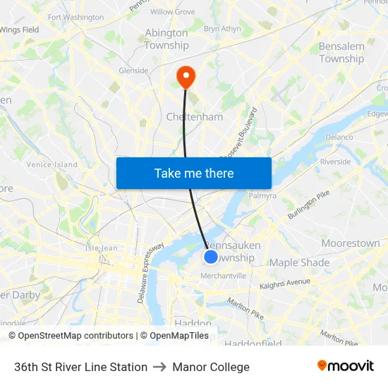 36th St River Line Station to Manor College map