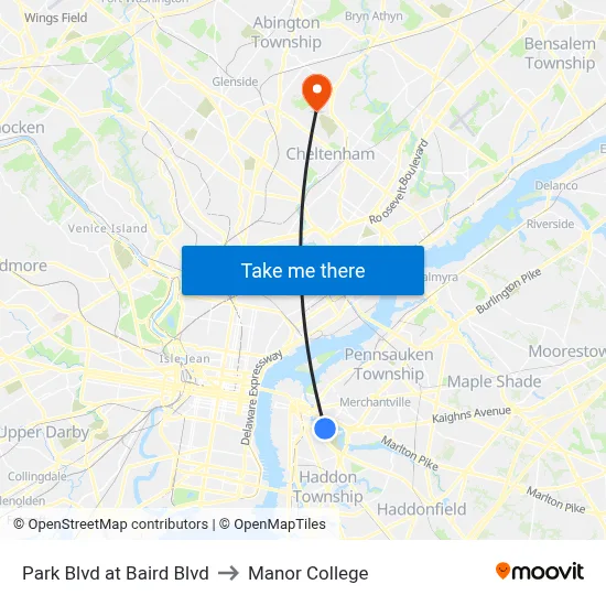 Park Blvd at Baird Blvd to Manor College map