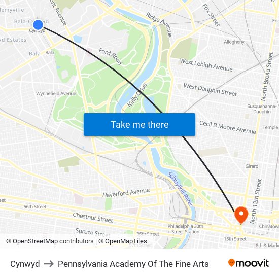 Cynwyd to Pennsylvania Academy Of The Fine Arts map