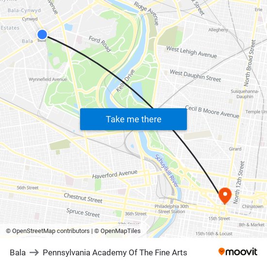 Bala to Pennsylvania Academy Of The Fine Arts map