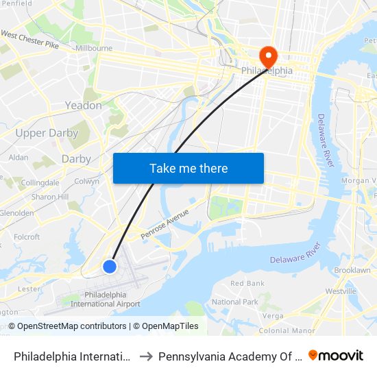 Philadelphia International Airport to Pennsylvania Academy Of The Fine Arts map