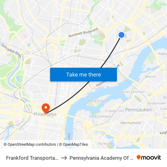 Frankford Transportation Center to Pennsylvania Academy Of The Fine Arts map
