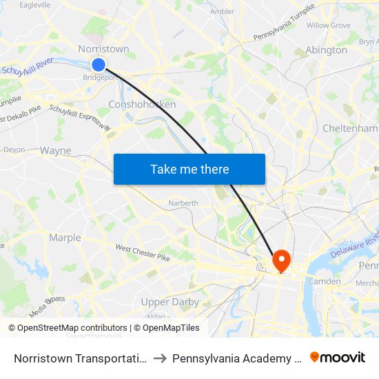 Norristown Transportation Center - Nhsl to Pennsylvania Academy Of The Fine Arts map